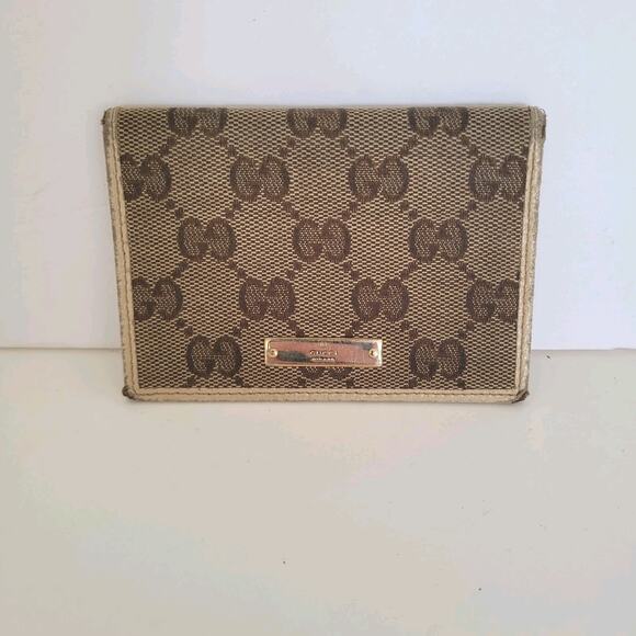 Gucci Logo Plate Card ID Wallet Small Monogram Bifold Beige Fair Vintage - Picture 1 of 9